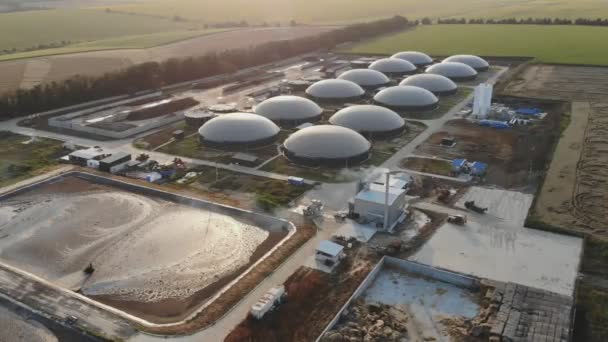 Grandi serbatoi rotondi sul campo. Moderno impianto di biogas su campo verde sotto il cielo blu. L'agricoltura in natura. Fonte di energia. — Video Stock