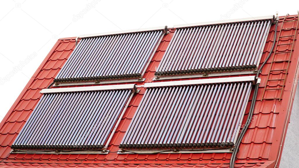 Solar glass tube hot water panel array mounted on a tiled roof. Solar Power House 3d concept, Solar Panels With Lens Flare, Solar Water heating systems, Renewable Energy Home, Water Heaters Panels On a Roof - 3D Rendering