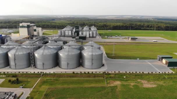 Metal tanks of the elevator. Grain drying complex in the open air. Commercial granaries. Steel warehouse for agricultural crops. Aerial view. — Αρχείο Βίντεο