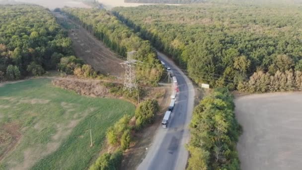 Graanlevering Luchtfoto Graanopslag Graan Vrachtwagens Staan Langs Weg Lijn Met — Stockvideo
