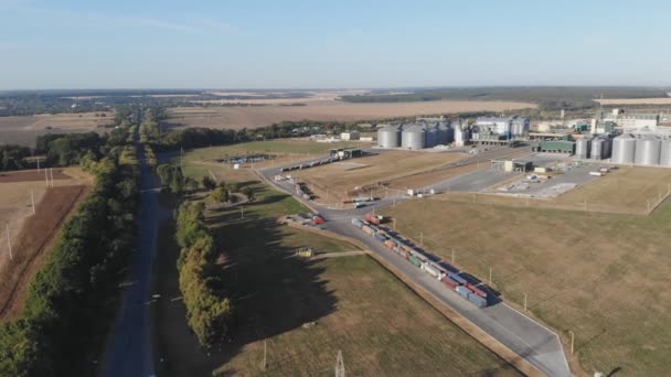 Grain Delivery Aerial View Grain Storage Grain Trucks Stand Road — Stock Video