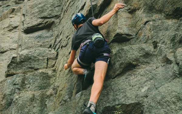 Young Man Equipment Doing Rock Climbing Outdoors Training Area Outdoor — Stock Photo, Image