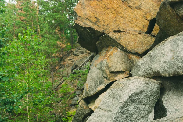Kozalaklı Bir Ormanda Büyük Taşlar Taş Kayalar Granit Ocağı Terk — Stok fotoğraf