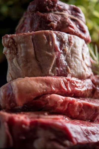 Closeup Sliced Raw Beef Fillet Stacked Pile — Stock Photo, Image