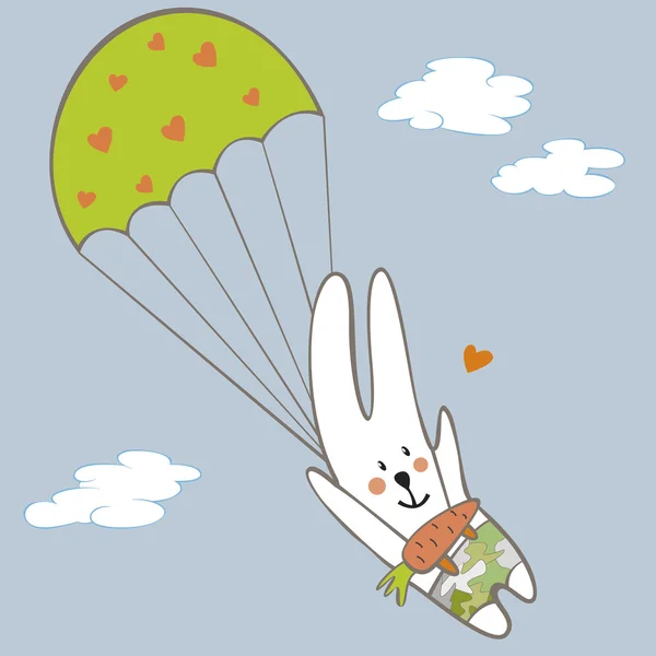 Conejo paracaidista en el cielo — Vector de stock