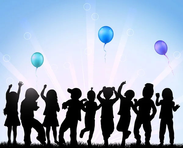 Niños bailando con globos — Vector de stock