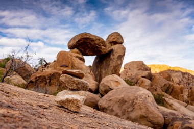 Rocky yamacında, Big Bend Ulusal Parkı 'ndaki Dengeli Kaya' nın önünde.