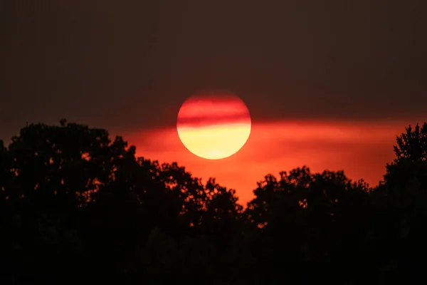 Pôr Sol Através Fogo Florestal Fumaça Céu Colorado — Fotografia de Stock