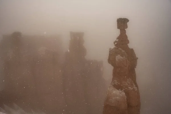 Густий Туман Сніжинки Падають Над Тор Хаммером Національному Парку Брайс — стокове фото
