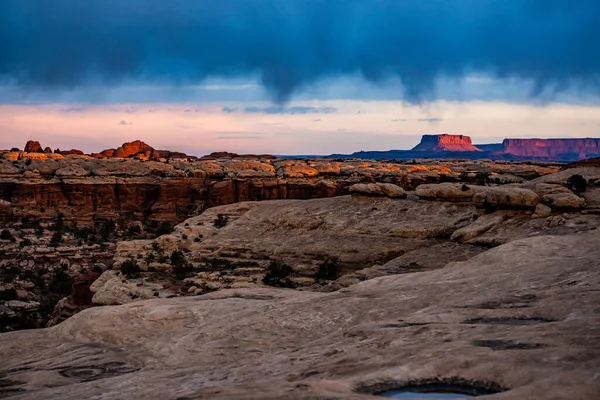 Dark Clouds Hang Low Needles Sunrise Canyonlands National Park — Stock Photo, Image