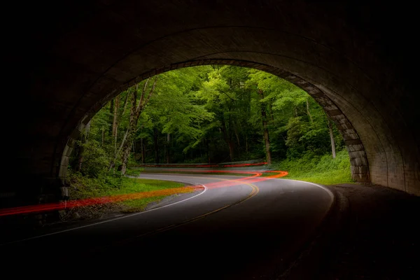 Brake Lights Car Heading Loop Tunnel 441 Great Smoky Mountains Stock Picture