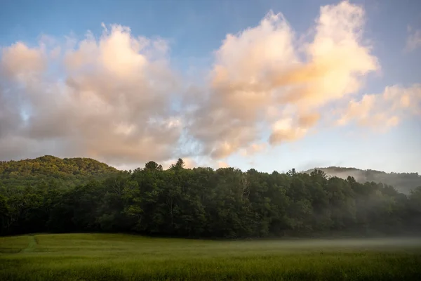 Foggy Morning Clouds Waft Door Cataloochee Valley Het Great Smoky — Stockfoto