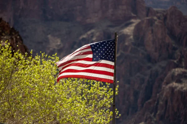 Bandera Americana Sopla Viento Fondo Del Gran Cañón Estación Guardabosques — Foto de Stock
