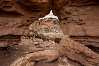 Canyonlands Ulusal Parkı 'ndaki Peekaboo Pınarında Kum Taşı Duvarı' ndan geçen kemer yolu.