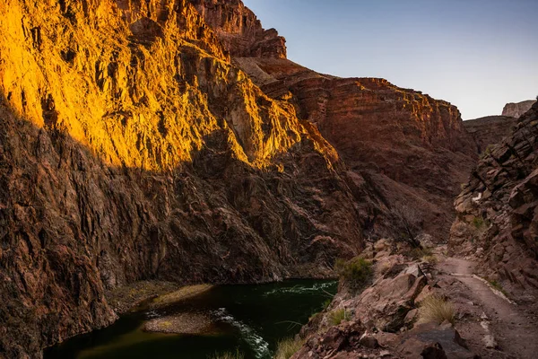 Sun Begins Fill Grand Canyon Light Bright Angel Trail — Fotografia de Stock