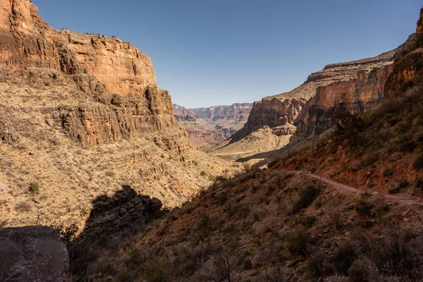 Bright Angel Tail Sits Shadow Grand Canyon Begins Fill Sunlight — Foto de Stock