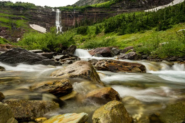 Low Angle Cataract Creek Morning Eagle Falls Distance Glacier National — Stock Photo, Image