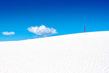Single Red Marker Standing On White Dune With Puffy Cloud In The Sky in White Sand Dunes National Park