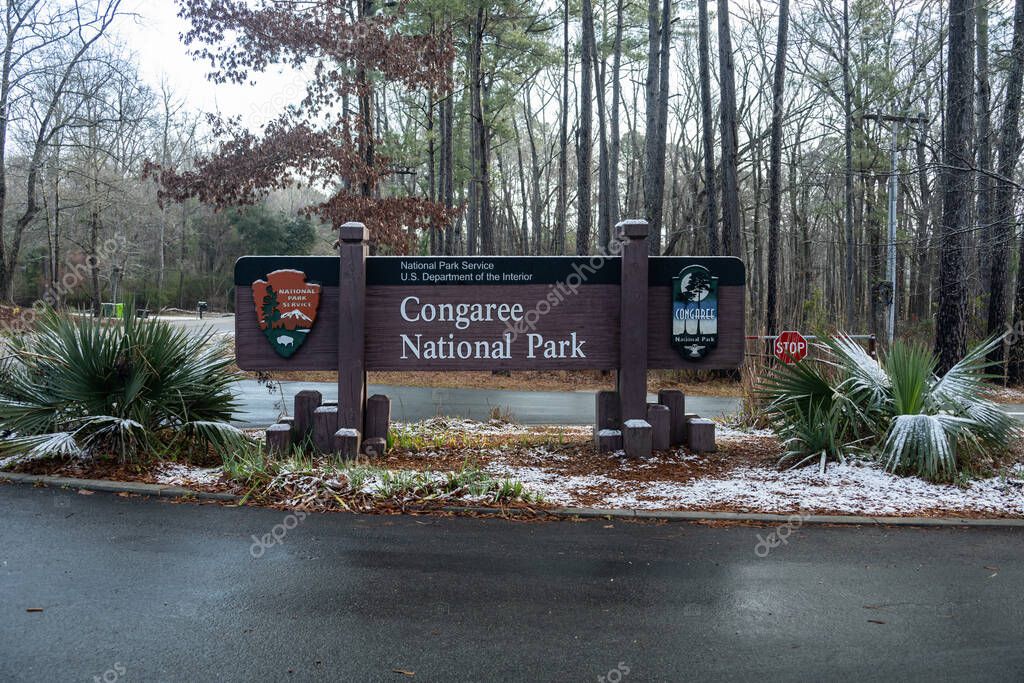 Congaree National Park, United States: January 29, 2022: Congaree National Park Sign With Snow