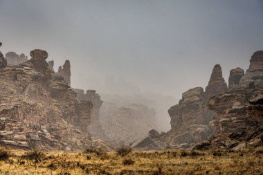 Canyonlands Ulusal Parkı 'ndaki Kasırga Kanyonu' nun başlangıcındaki Kaya oluşumlarının üzerine kar yağıyor.