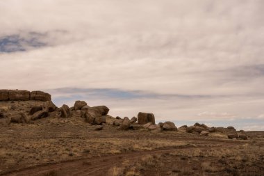 Taşlaşmış Orman Ulusal Parkı 'nda Büyük Kayalar Bulutlu Gök Altında Oturuyor