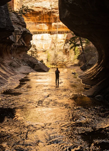 Silhouette Hiker Stopped Subway Canyon Zion National Park — Stock Photo, Image