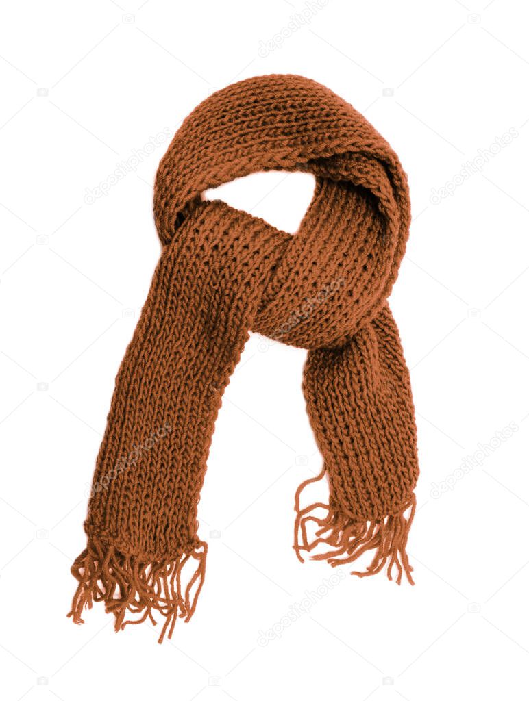 Brown knitted scarf on a white background.