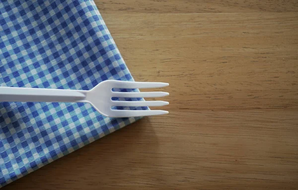Fork Knife Napkin Tablecloth Wooden Table — Stock Photo, Image