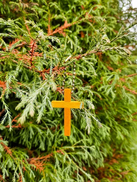 Větvi Visí Dřevěný Hnědý Kříž Řetízku Kříž Zeleném Pozadí — Stock fotografie