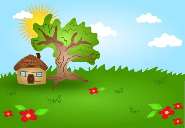 Cartoon landscape with wooden house