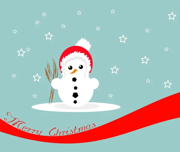 Snowman on blue background with red ribbon — Stock Photo, Image