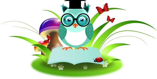 Blue owl on book in grass
