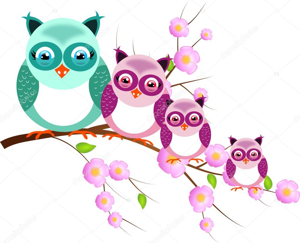 Four owls on twig of tree