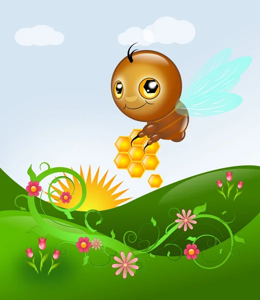 Carino ape sopra paesaggio floreale — Foto Stock