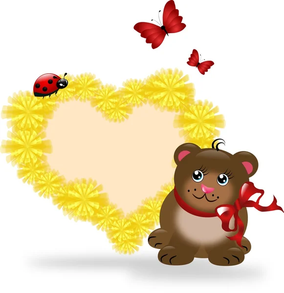 Pampeliška srdce s malými roztomilý medvěd — Stock fotografie