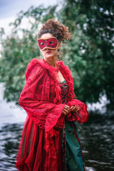 Portrait Woman Red Historic Dress Masquerade Standing Water — Stockfoto