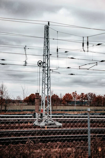 Railroad Tracks Power Line Wired Fence Cloudy Sky — Stock Photo, Image