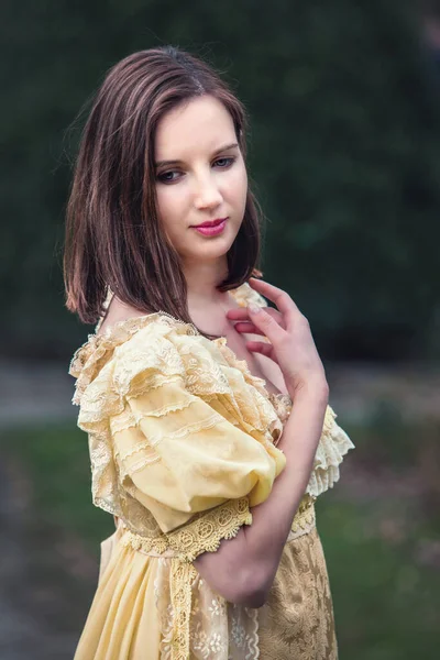 Portrait Young Woman Outdoors Historical Yellow Dress — Stock Photo, Image