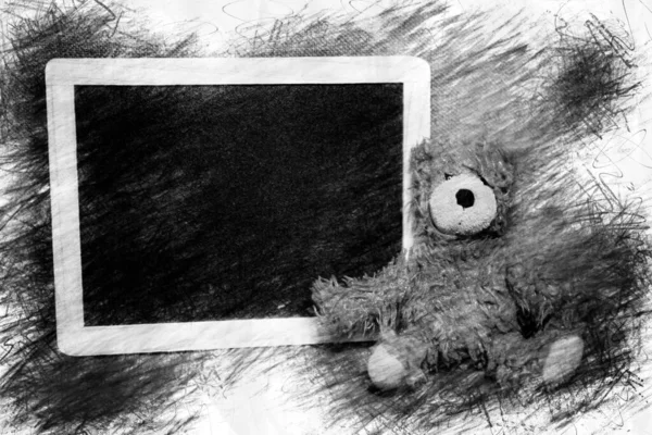 Schattige Teddybeer Zitten Naast Krijtbord Potlood Tekening Stijl — Stockfoto