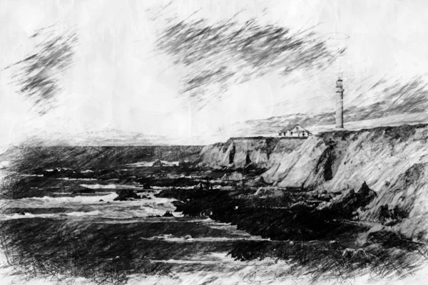 Vue Phare Sur Côte Crayon Style Dessin — Photo