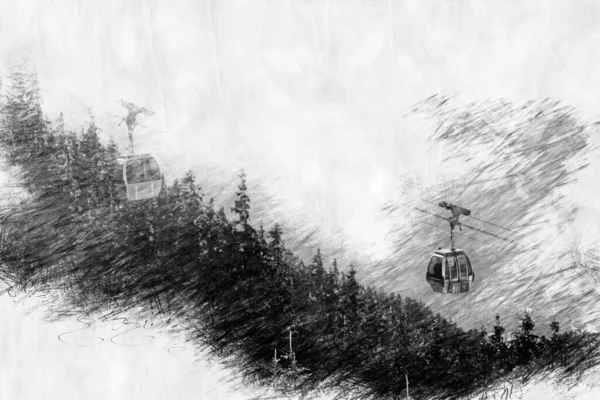 Cableway Forest Pencil Drawing Style — Stock Photo, Image