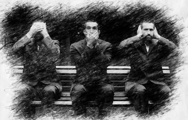 一个男人坐在长椅上 三个猴子都是铅笔画派的 — 图库照片