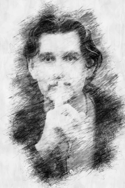 Portrét Muže Prstem Ústech Aby Byl Tichý Stylu Kreslení Tužkou — Stock fotografie