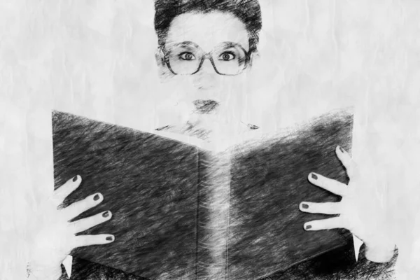 Γυναίκα Γυαλιά Κρατώντας Ένα Βιβλίο Στυλ Σχέδιο Μολύβι — Φωτογραφία Αρχείου