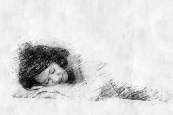 Γυναίκα Κάθεται Και Κοιμάται Στυλ Μολύβι Σχέδιο — Φωτογραφία Αρχείου