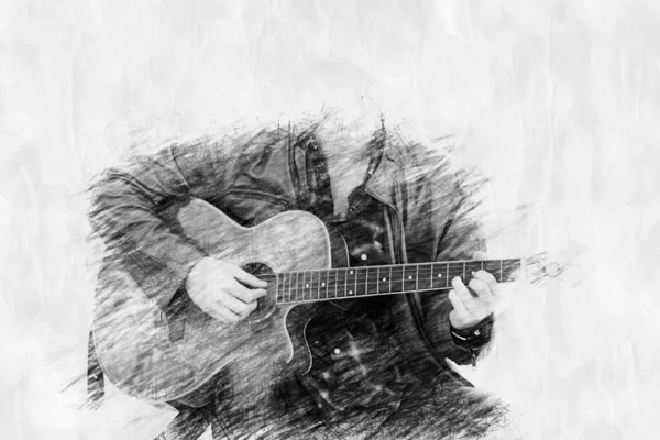 Homme Jouant Guitare Crayon Style Dessin — Photo