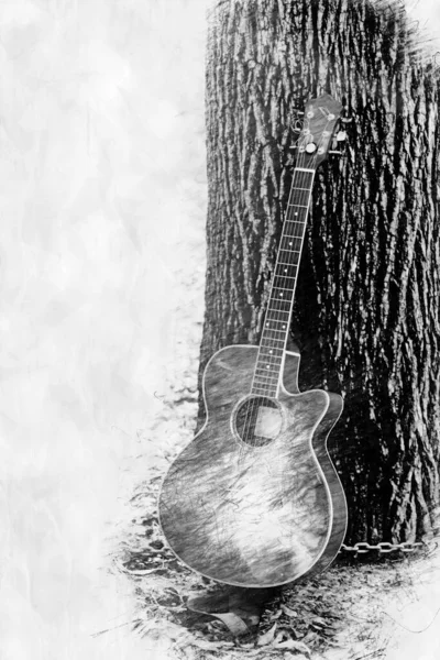 Guitar Leaning Tree Pencil Drawing Style — Stock Photo, Image