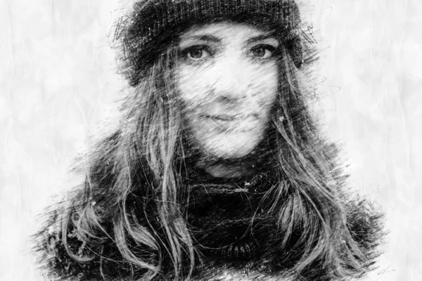 Лицо Молодой Женщины Стиле Карандашного Рисунка — стоковое фото