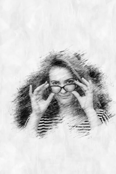 Portrait Young Woman Glasses Pencil Drawing Style — Stock Photo, Image