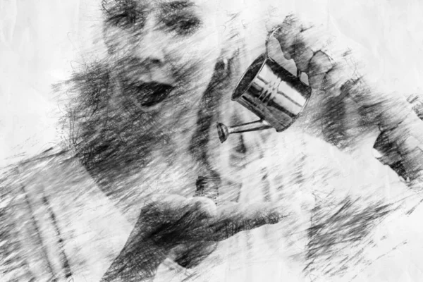 Mulher Molhando Moedas Estilo Desenho Lápis — Fotografia de Stock